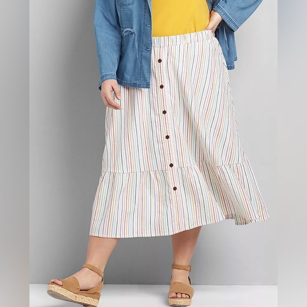 Lane Bryant Size 14 -16 Striped Multicolor Button Front‎  Midi Skirt NWT